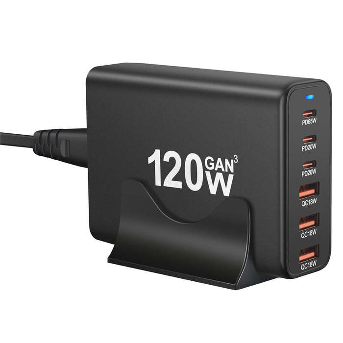 EU Plug - [GaN Tech] 120W 6-Port USB PD Charger 3USB-A+3USB-C Fast Charging Desktop Charging Station