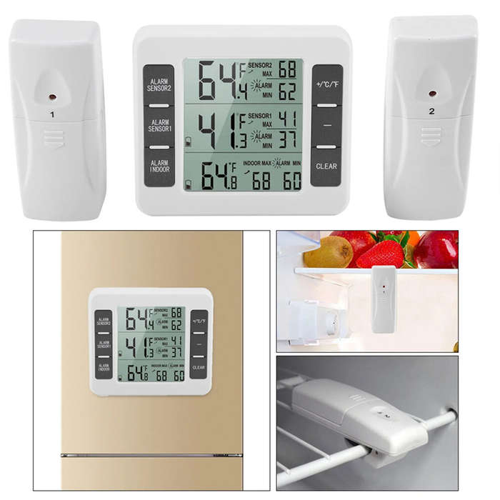 white - Home Indoor Wireless Digital Audible Alarm Refrigerator Thermometer with 2PCS Sensor Min/Max