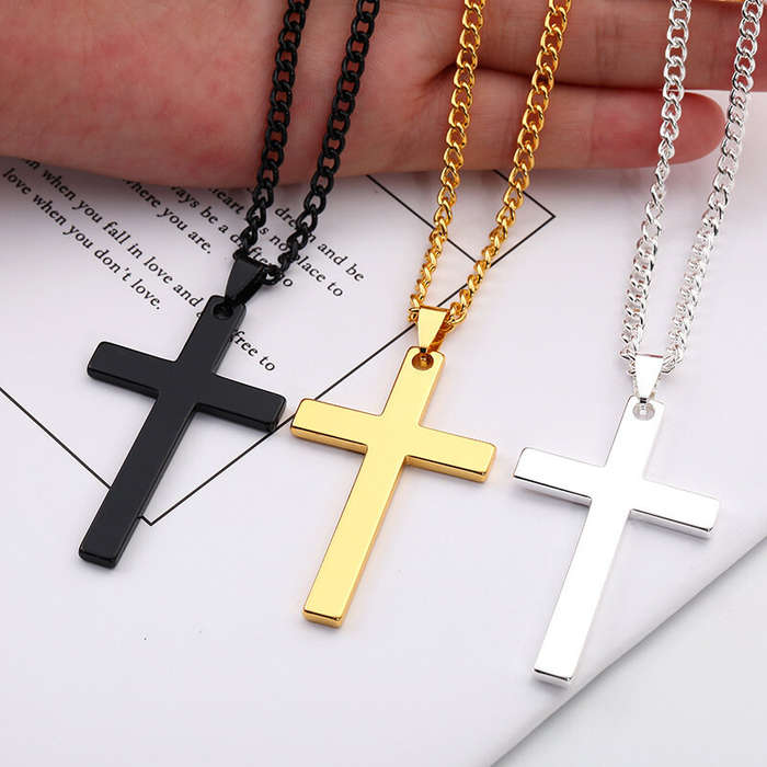 Gold - Fashion Cross Pendant Necklace Women Men Stainless Steel Link Chain Charm Necklace Cool Boys