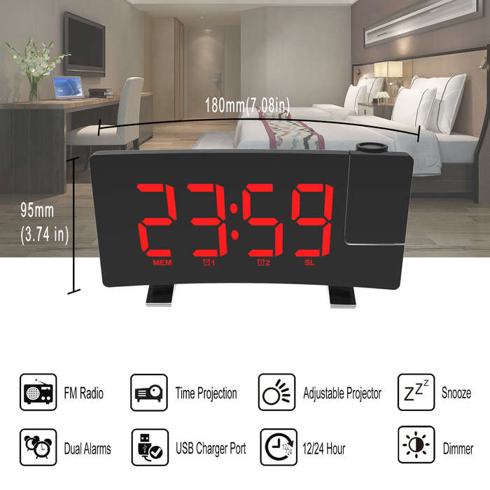 Blue - AGSIVO 8 Inch Projection Alarm Clock with 180 Rotatable Projector / FM Radio / Snooze / 3-Lev