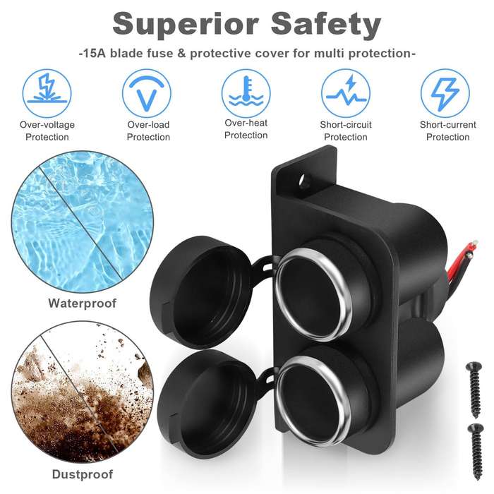 Black - Car Socket with Blade Fuse 2-Socket Splitter 12V Lighter Power Outlet Replacement Waterproof