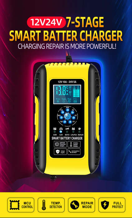 US Plug - 7-Stage Fully Automatic Smart Battery Charger For 12V/24V 6-180AH Start-Stop/Lead-acid Bat