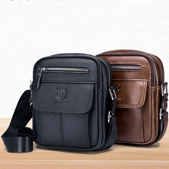 Brown - BULLCAPTAIN Men's Casual Shoulder Bag High Quality Business Messenger Bag Cowhide Leather Mi