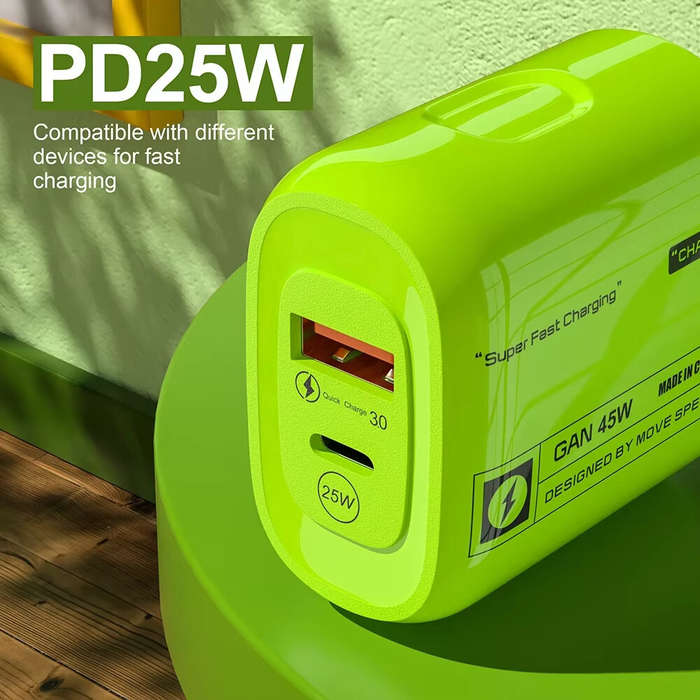 Yellow & US Plug - [GaN Tech] APD-555 45W 2-Port USB PD Charger USB-A+USB-C PD Fast Charging Wall Ch