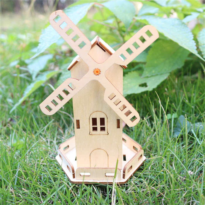 Yellow - Solar Power Windmill Wooden DIY Model Kits Educational Scientific Experiments Early Educati