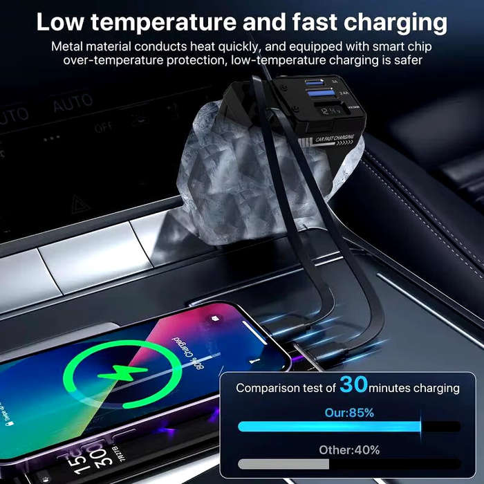 Black - A1 4-in-1 Retractable 120W 2-Port USB PD Car Charger with iP+Type-C Telescopic Cable Support