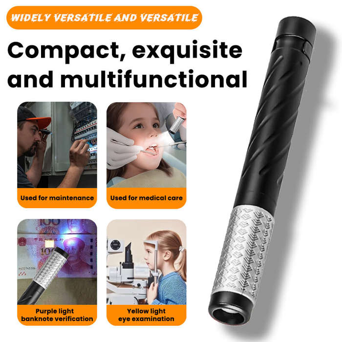 Black - Multifunctional Portable LED Flashlight - White Light, Yellow Light, UV Light Penlight with