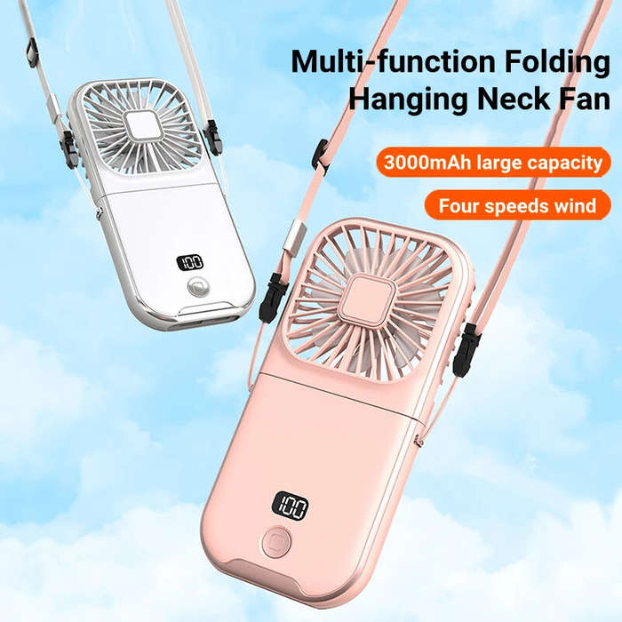White - Mini Portable Outdoor Hand Fan Hanging Neck Fan USB Charging 3000mAh Battery Powered 180 Fol