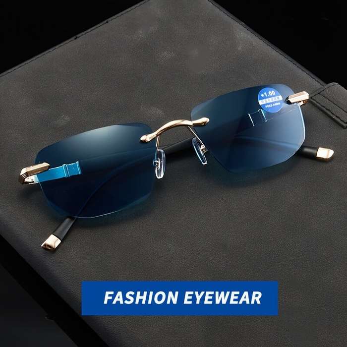 +200 - Gradual Blue Lens Frameless Reading Glasses Anti-blue Light UV Protection Comfortable Busines