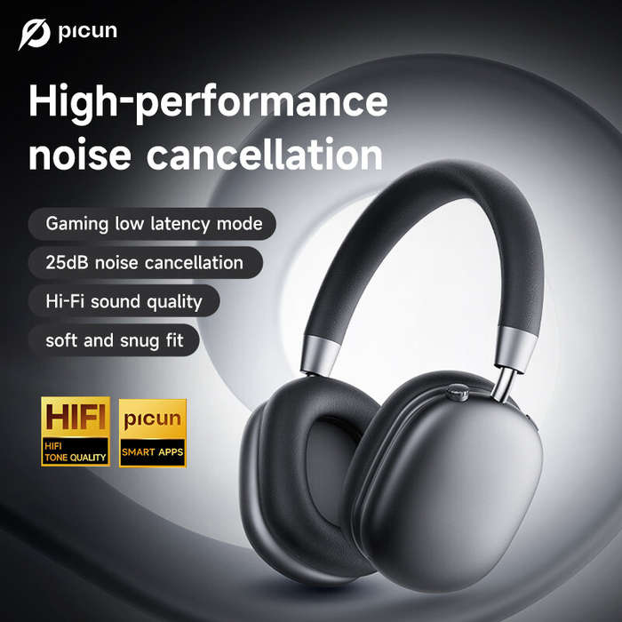Grey - PICUN F5 ANC Headset bluetooth Headphone -25dB Active Noise Cancelling 40mm Large Drivers HiF