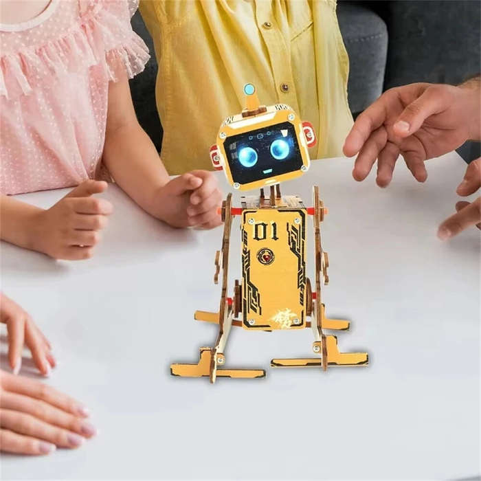 Yellow - Wooden Puzzles DIY Voice-controlled Robot Assembly Kit STEM Science Educational Experiment