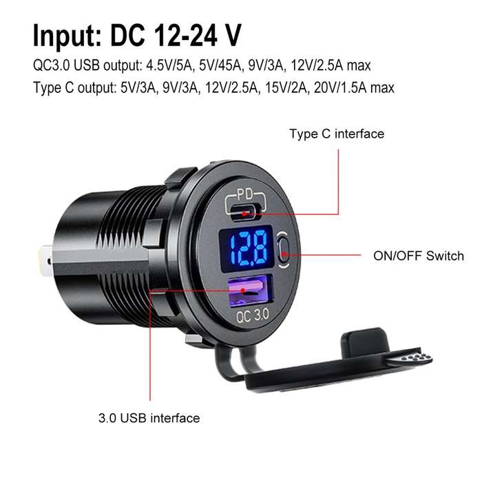Green - 12-24V 48W Dual USB Car Charger Socket PD3.0&QC3.0 with LED Voltmeter ON/Off Switch Fast Cha