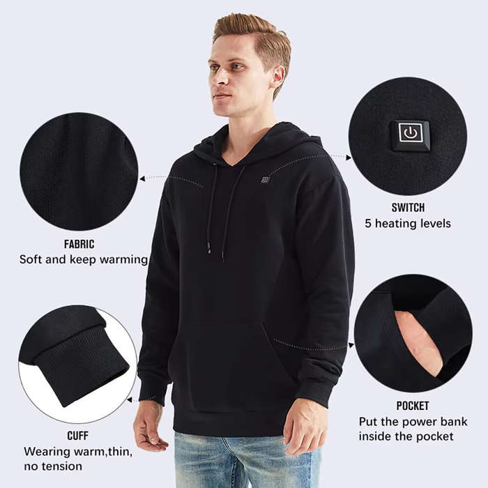 Grey - Winter Hooded Electric Heating Sweatshirt Heated Clothes for Men USB Heating Sweatshirt Warm
