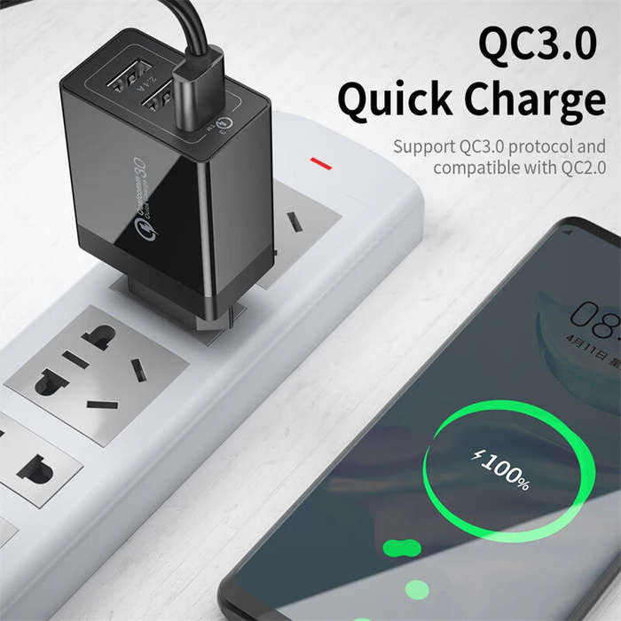 Black - ESSAGER 30W 3-Port USB Charger 3USB-A QC3.0 2.0 Fast Charging Wall Charger Adapter EU Plug f