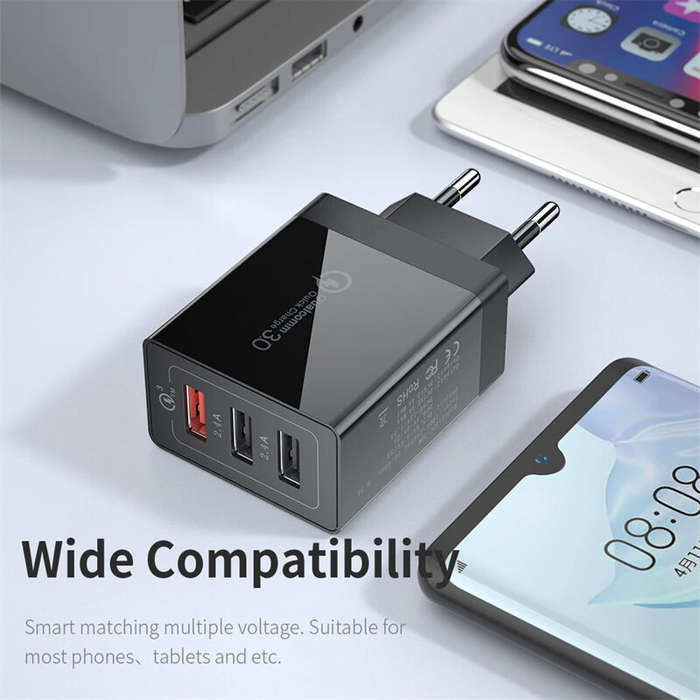 Black - ESSAGER 30W 3-Port USB Charger 3USB-A QC3.0 2.0 Fast Charging Wall Charger Adapter EU Plug f