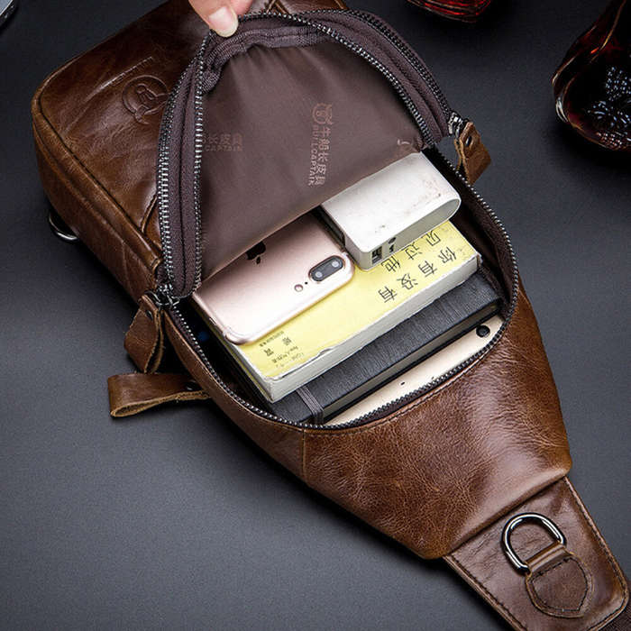 Brown - BULLCAPTAIN Men Genuine Leather Chest Bag Multi-pockets Compartment Fashion Casual Shoulder