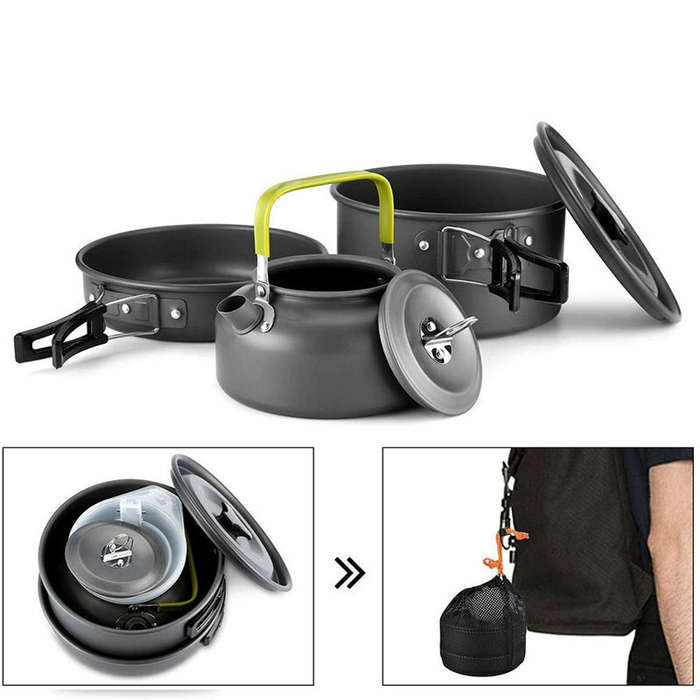 Orange - 2~3 Person Camping Tableware Aluminum Nonstick Cookware Outdoor Cooking Pan Supplies Kettle