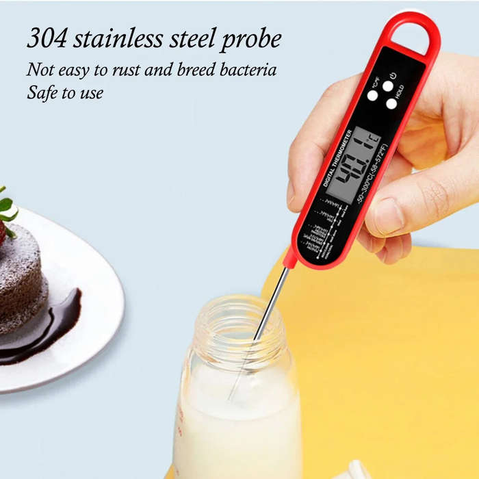 Red - Digital Meat Thermometer Foldable Probe Fast Reading -50 to 300 Auto-Off LCD Display for Cooki