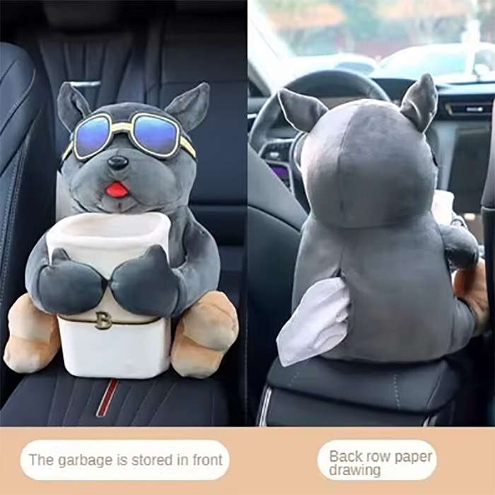 Grey - 2 in 1 Car Mounted Tissue Box Cartoon Plush Doll Auto Armrest Box Hanging Paper Drawer Storag