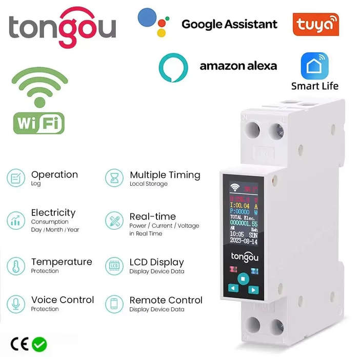 Black - Tongou 1-50A Tuya WIFI Smart Switch Circuit Breaker LED Energy Meter KWh Power Metering Time