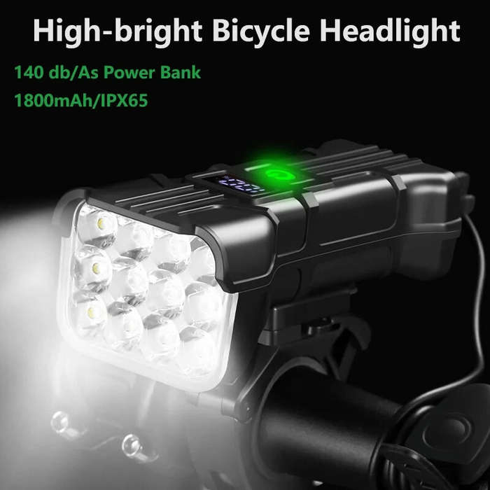 3 in 1 Multifunctional Bike Headlights 12 LED Beads 500Lm Brightness 140dB Bell Alarm 1800mAh Batter