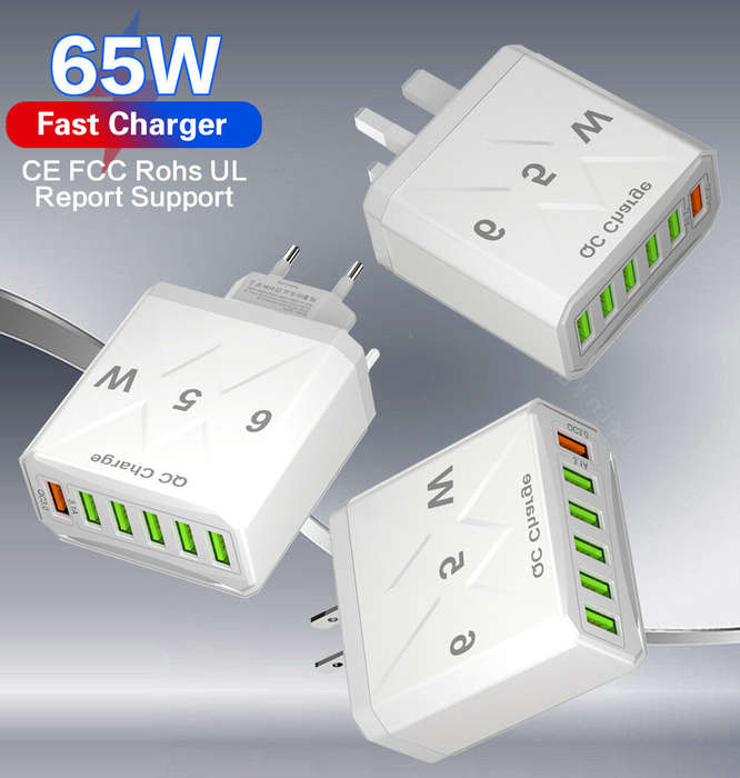 White & EU Plug - 65W 6-Port USB Charger 3.1A USB-A*5 QC3.0 Fast Charging Wall Charger Adapter EU Pl