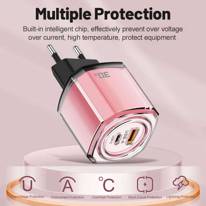 Yellow - AR-242 30W 2-Port USB PD Charger USB-A+USB-C PD Fast Charging Wall Charger Adapter EU Plug