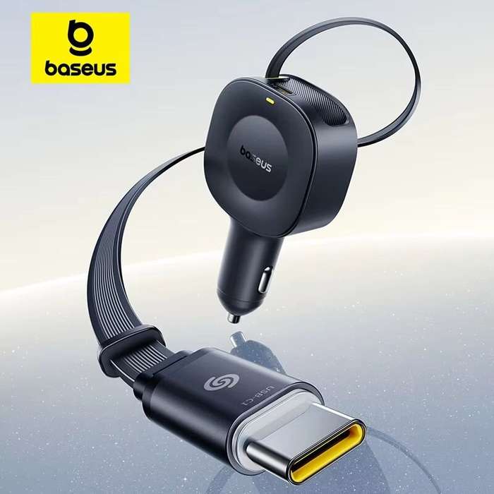 Black - Baseus Primetrip VR2 30W 2-Port USB Car Charger Adapter Retractable USB-C Cable+USB-C Port S