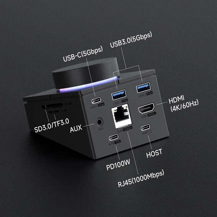 Black - Hagibis Knob USB-C Hub with Shortcut Buttons Type-C RGB Docking Station with 5Gbps USB3.0*2