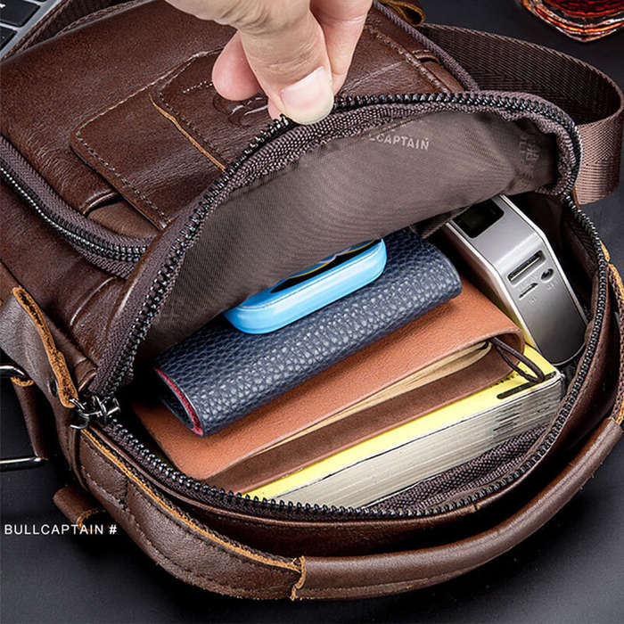 Coffee - BULLCAPTAIN Genuine Leather Messenger Bag for Men Adjustable Shoulders Sling Crossbody Bags