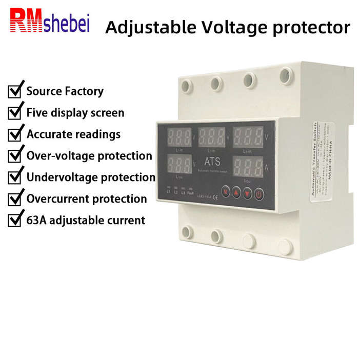 Black - Five-Screen Auto-Switching Three-Phase Digital Voltage Protector 63A 220V Adjustable Over/Un