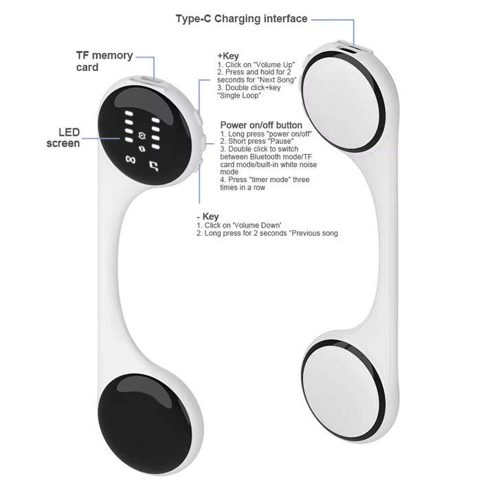 White - Bone Conduction Portable bluetooth Sleeping Speaker with LED Display Built-in 10 Natural Sou