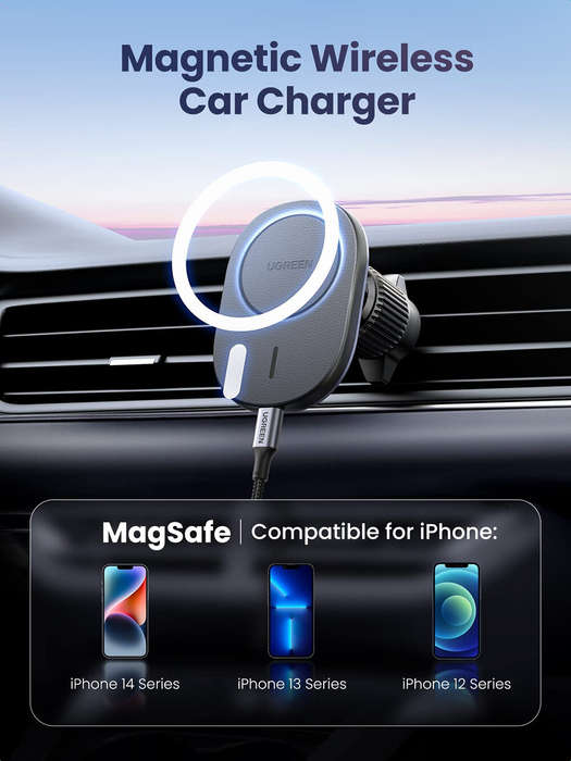 Black - UGREEN Magnetic Cordless Car Phone Holder Charger Air Vent Suction Cup Navigation Bracket