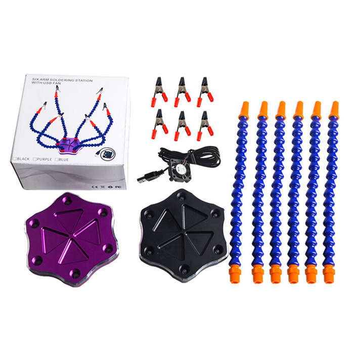 Purple - 6-Jaw Multi-Weld Bracket Arm Repair Fixture with 7-Piece Flexible Arm with USB Fan for Mode