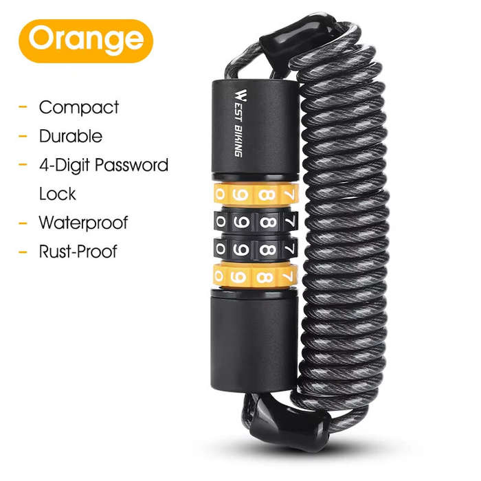 Black - WEST BIKING Bicycle Lock Steel Cable Chain Security 4 Digit Combination Anti-Theft Password