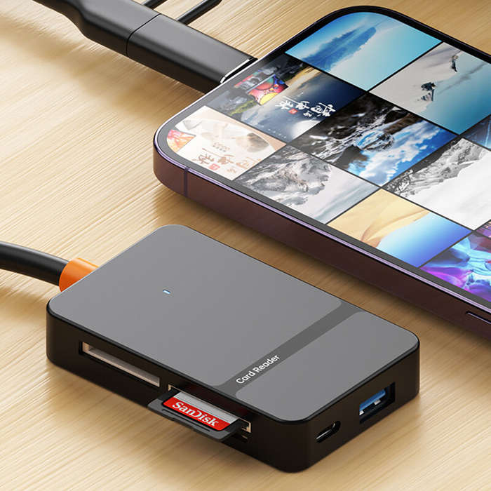 Black - 8-in-1 USB3.0 Card Reader with Type-C/Lightnig Interface Micro SD TF CF MS Memory Card Adapt