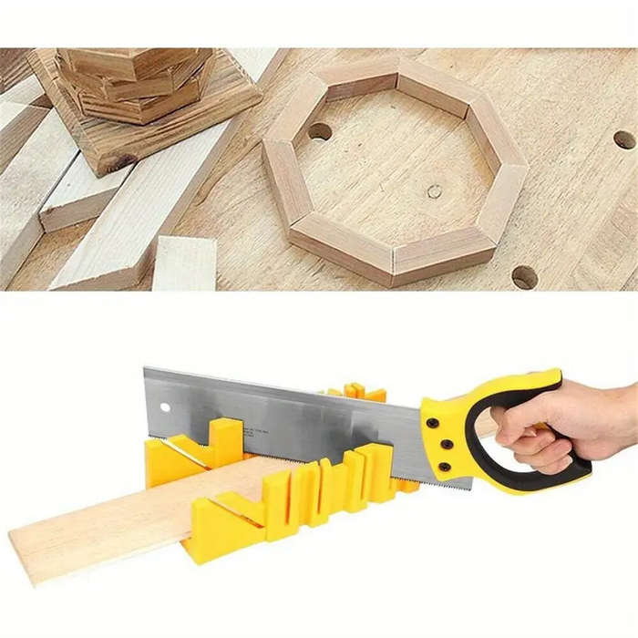 A - Mitre Box and Hand Saw Set 12 inch ABS Plastic Multiple Angle Clamping Mitre Box with 14 inch Ba