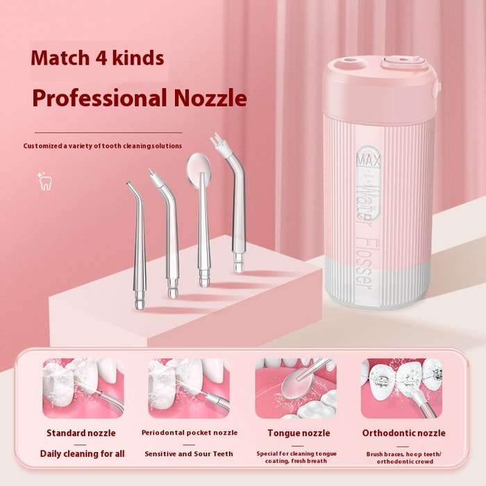 Pink - Portable Cordless Water Flosser with 4 Modes & 4 Nozzles Rechargeable IPX7 Waterproof 200ml T