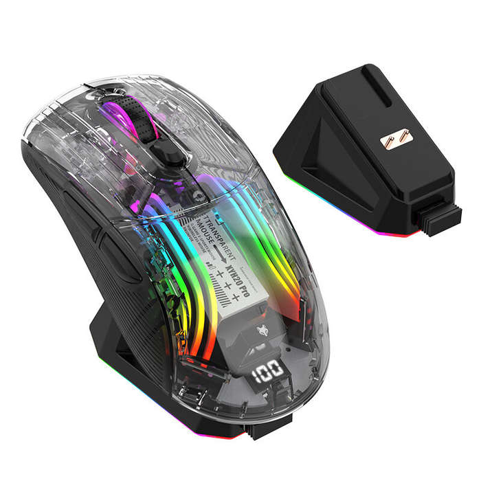 White - XUNSVFOX XYH20pro RGB Transparent Shell Gaming Mouse Power Display Three Mode Wireless bluet
