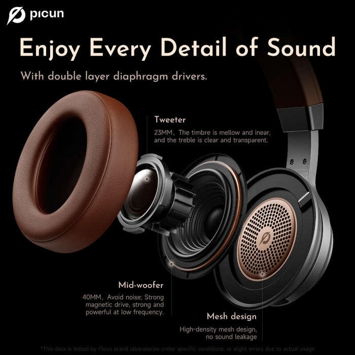 Black - Picun P28X Wireless Headset bluetooth Headphone Dual Drivers 60H Playtime Low Latency Adjust