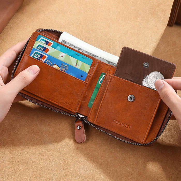 Black - Ekphero Men's Genuine Leather Zipper Short Wallet, Vintage Money Clip, Multi-card Card Holde