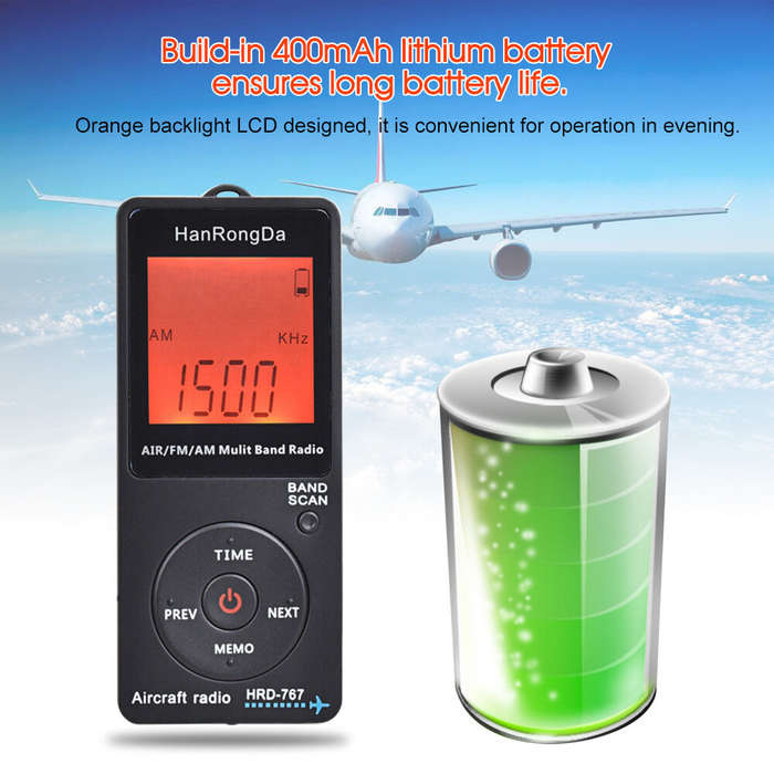 Black - HRD HRD-767 Aviation Band Radio Stereo 400mAh Lithium Battery Digital Display AM/FM/AIR Band