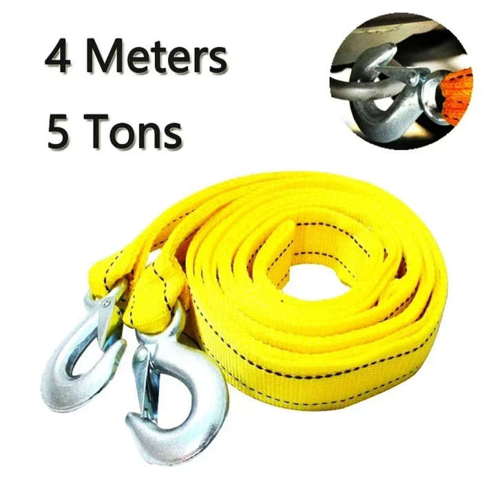 Yellow - Heavy Duty 4M Car Tow Cable 5 Ton Trailer Rope Towing Pull Rope with Hooks Van Road Recover