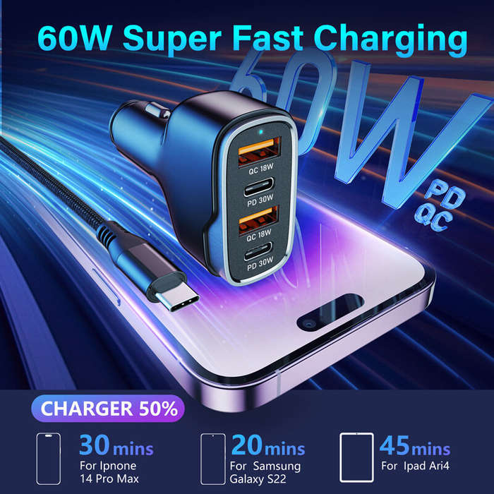 Black - 60W Car Charger Fast Charging Dual Pd 30W + Dual QC 3.0 18W Car Charger USB Car Charger for