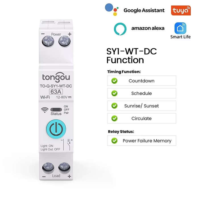 White - Tongou Tuya DC WIFI Smart Circuit Breaker 1P 63A DIN Rail for Smart Home Wireless Remote Con