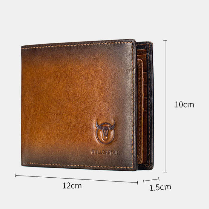 Red - BULLCAPTAIN Genuine Leather RFID Blocking Wallet for Men, Retro Thin Short Multi-functional ID