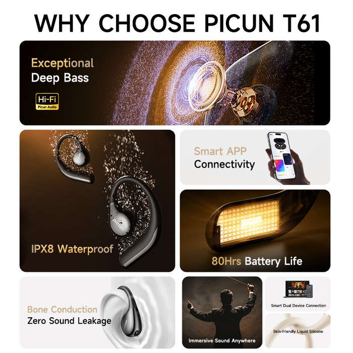 Black - Picun T61 Bone Conduction Earbuds Wireless bluetooth Earphone Deep Bass AAC Audio Dual-Mic A