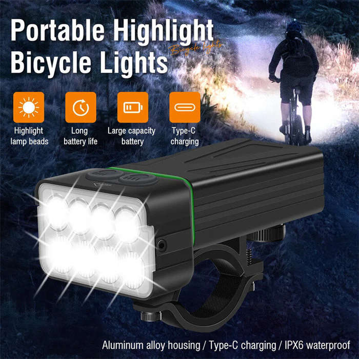 Black - BIKIGHT 8 LED Bike Headlight 900Lm Brightness Dual Distance Beams 4000mAh Battery USB Rechar
