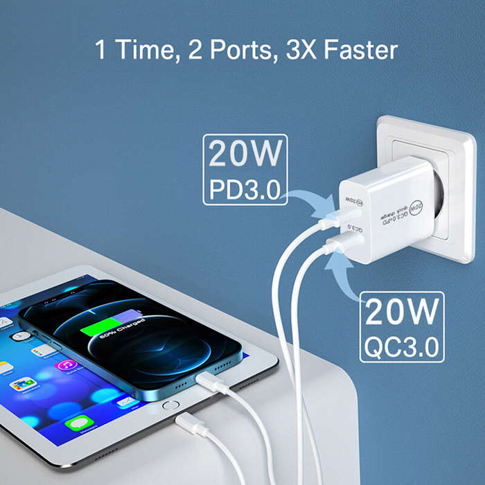 Black - PD20W 2-Port USB PD Charger Dual 20W USB-C PD3.0 QC3.0 Fast Charging Wall Charger Adapter EU