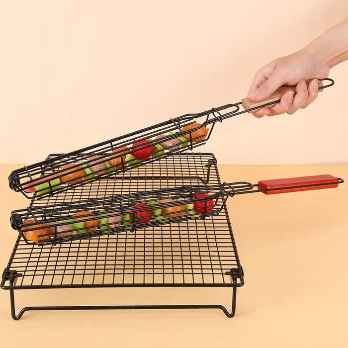 Type B - 2PCS Stainless Steel Wooden Handle BBQ Grill Basket Sausage Hot Dog Basket Non-stick Barbec